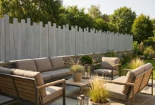 clôture à lames verticales irrégulières posée prés d'un brasero dans une ambiance cosy