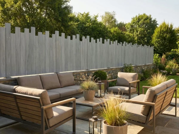 clôture à lames verticales irrégulières posée prés d'un brasero dans une ambiance cosy