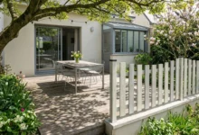 clôture ajourée grise claire installée sur un petit muret autour d'une terrasse en bois