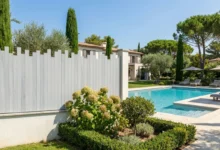 clôture pleine à lames verticales gris dans un jardin arboré