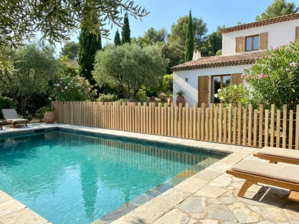 clôture à lames verticales ajourées effet bois autour d'une piscine