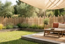 Clôture à lames verticales bois autour d'un salon de jardin style bohème chic