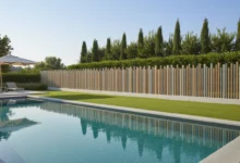 clôture ajourée posée sur un muret béton le long d'une piscine