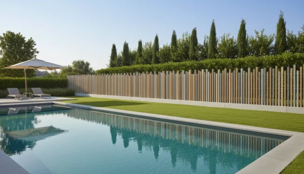 clôture ajourée posée sur un muret béton le long d'une piscine