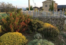 clôture PVC ajourée Abysse posée sur gabion en pierre, dans un jardin paysager devant une maison en pierre