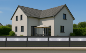 Clôture Hémataite en pvc plaxé avec motif personnalisé, installée en extérieur.