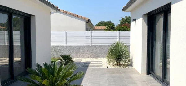 clôture ajourée de 1cm entre les lames en PVC blanc prés d'une maison contemporaine