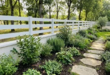Clôture ajourée en PVC blanc posée sur muret avec un parterre de plantes