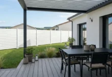 clôture légèrement ajourée blanche dans un jardin prés d'une terrasse en bois et d'une pergola bioclimatique