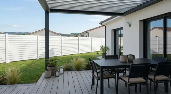 clôture légèrement ajourée blanche dans un jardin prés d'une terrasse en bois et d'une pergola bioclimatique