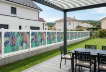 clôture blanche comportant une impression tendance et colorée installée dans un jardin verdoyant