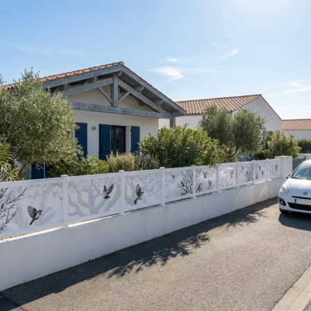 clôture décorative avec panneaux imprimés avec des oiseaux noirs et blanc