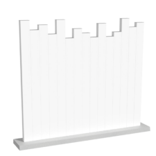 Clôture en pvc blanc brise-vue au style palissade avec des lames verticales de 50 mm de large à la coupe irrégulière