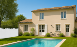 Clôture en pvc blanc installée sur muret autour d'une maison de lotissement