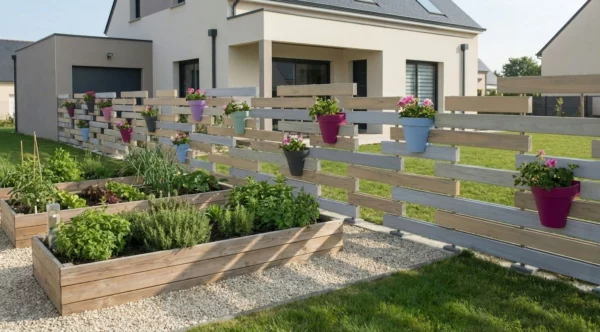clôture patchwork ajourée avec des pots de fleurs intégrés prés d'un potager