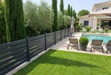 Clôture en PVC plaxé gris anthracite au bord d'une piscine