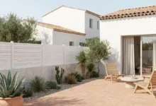 clôture en pvc blanche avec des lames de différentes largeurs installée dans un jardin de style méditerranéen