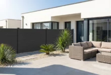 clôture en pvc de couleur gris foncé dans le jardin d'une propriété contemporaine