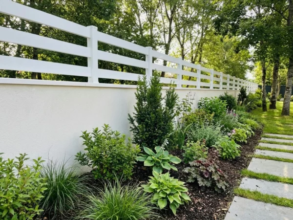 clôture ajourée de style ranch posée sur un muret dans un grand jardin arboré