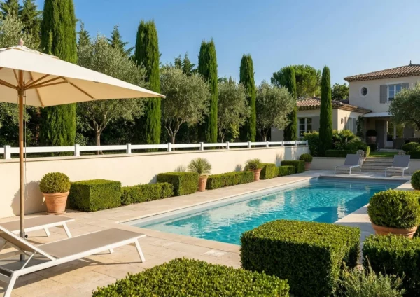 Clôture d'ornement à une seule lame installée pour habiller un mur autour d'une piscine