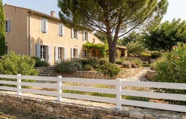 barrière blanche autour d'une maison de campagne