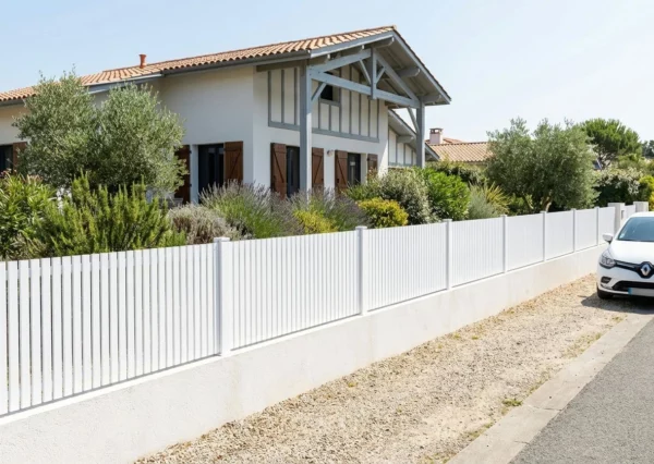 clôture à barreaux en PVC blanc, installée dans le jardin d’une résidence en bord de mer.