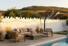 clôture blanche brise-vue installée autour d'une piscine