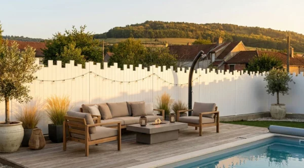 clôture blanche brise-vue installée autour d'une piscine