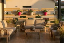 Clôture personnalisée avec des pots de fleurs intégrées à la clôture en guise de séparatif de terrasse