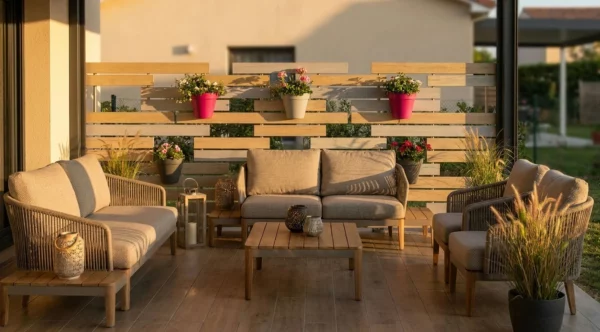 Clôture personnalisée avec des pots de fleurs intégrées à la clôture en guise de séparatif de terrasse