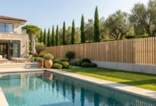 clôture à barreaudage verticale bois installée sur une murette prés d'une piscine