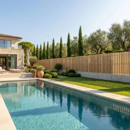 clôture à barreaudage verticale bois installée sur une murette prés d'une piscine