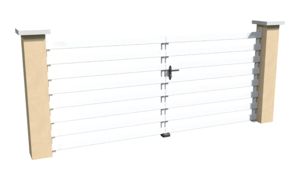 Portail battant motorisable en pvc blanc ajouré avec un espacement de 100 mm entre chaque lames horizontales