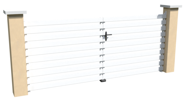 Portail battant motorisable en pvc blanc ajouré avec un espacement de 50 mm entre chaque lames horizontales