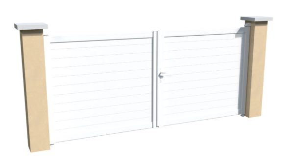 Portail battant motorisable en aluminum blanc ajouré avec un espacement entre chaque lames horizontales