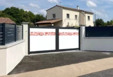 portail-aluminium-battant-blanc-brise-impression-feuillage-rose-heracles