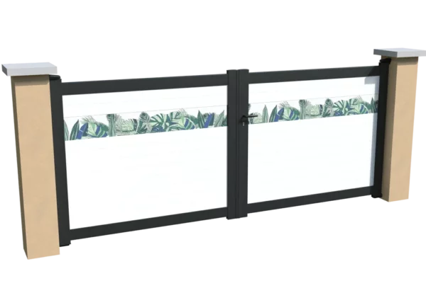 portail-aluminium-battant-blanc-brise-impression-tropical-bleu-heracles