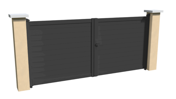 Portail battant motorisable en aluminium gris anthracite brise-vue parfaitement occultant avec des lames imbriquées les unes aux autres