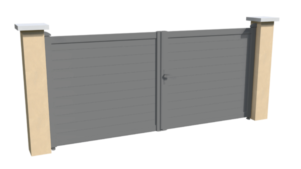 Portail battant motorisable en aluminium gris brise-vue parfaitement occultant avec des lames imbriquées les unes aux autres