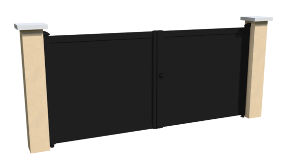 Portail battant motorisable en aluminium noir brise-vue parfaitement occultant avec des lames imbriquées les unes aux autres