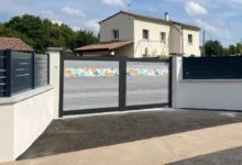 portail-aluminium-battant-gris-brise-impression-feuillage-multicolore-heracles