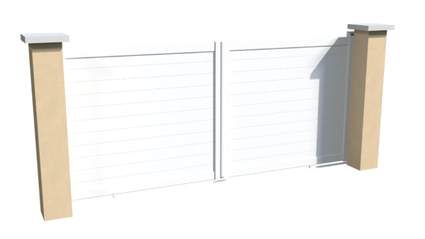 Portail coulissant motorisable en aluminium blanc brise-vue parfaitement occultant avec des lames imbriquées les unes aux autres