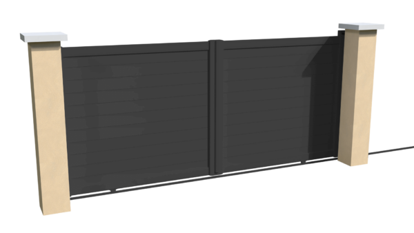 Portail coulissant motorisable en aluminium gris anthracite brise-vue parfaitement occultant avec des lames imbriquées les unes aux autres