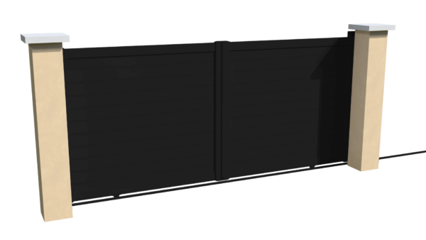 Portail coulissant motorisable en aluminium noir brise-vue parfaitement occultant avec des lames imbriquées les unes aux autres