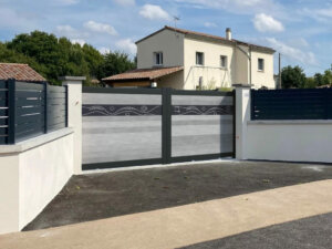 portail aluminium coulissant gris brise impression vague heracles