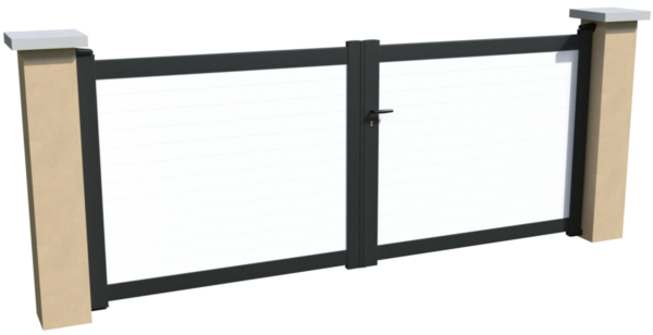 Portail battant non motorisable en aluminium brise-vue avec des lames pvc horizontales blanches