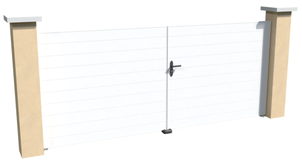 Portail battant motorisable en pvc blanc brise-vue parfaitement occultant avec des lames imbriquées les unes aux autres