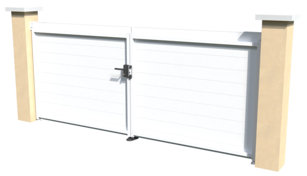 Verso du portail battant motorisable en pvc blanc brise-vue parfaitement occultant avec des lames imbriquées les unes aux autres