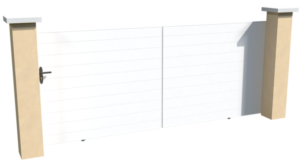 Portail coulissant motorisable en pvc blanc brise-vue parfaitement occultant avec des lames imbriquées les unes aux autres