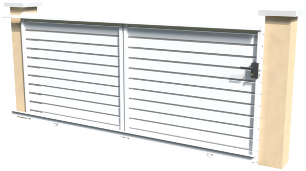 Verso du portail coulissant motorisable en pvc blanc brise-vue au style persienne avec des lames biseautées